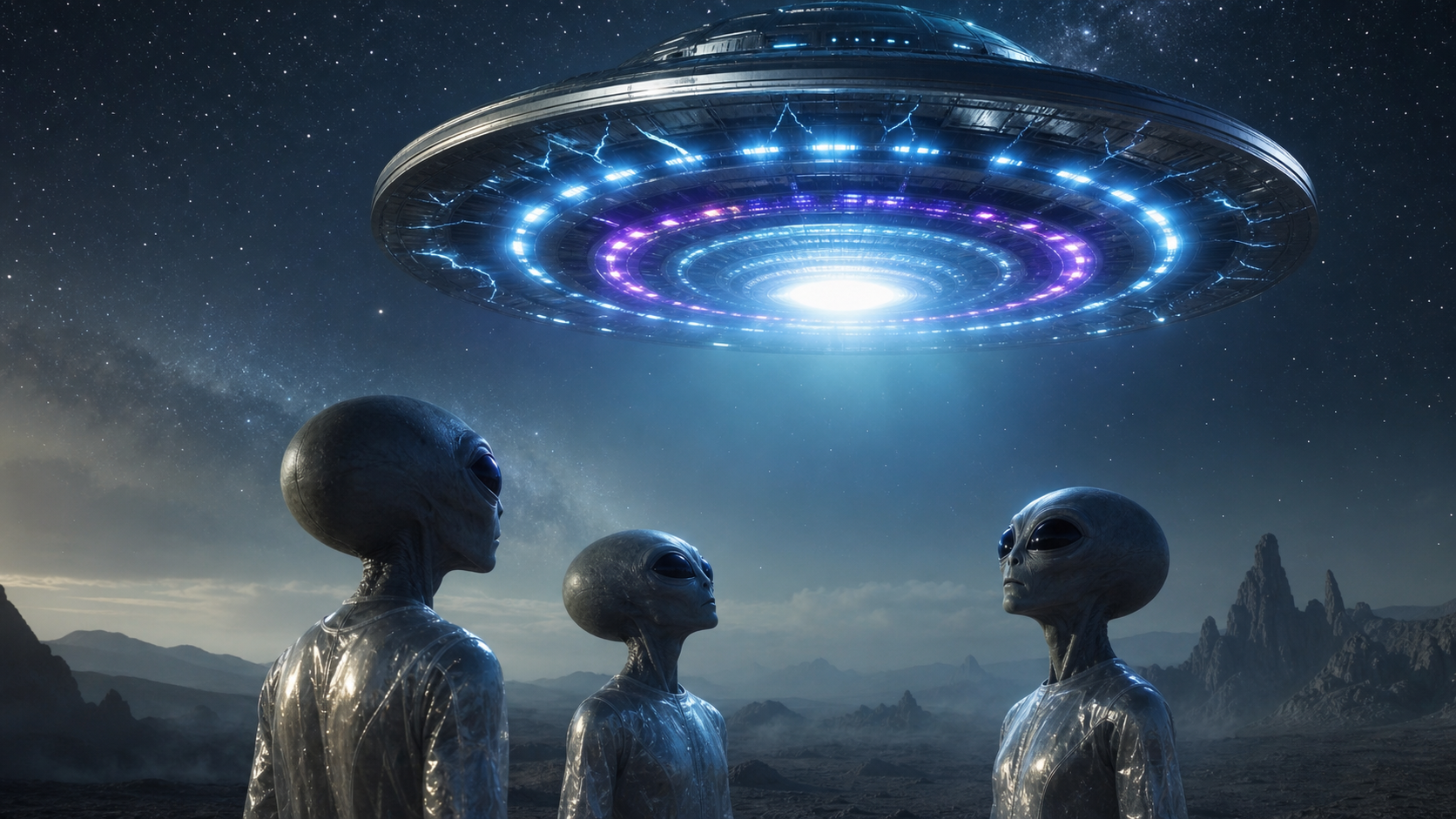 Large alien spacecraft with green alien figures and modular sections